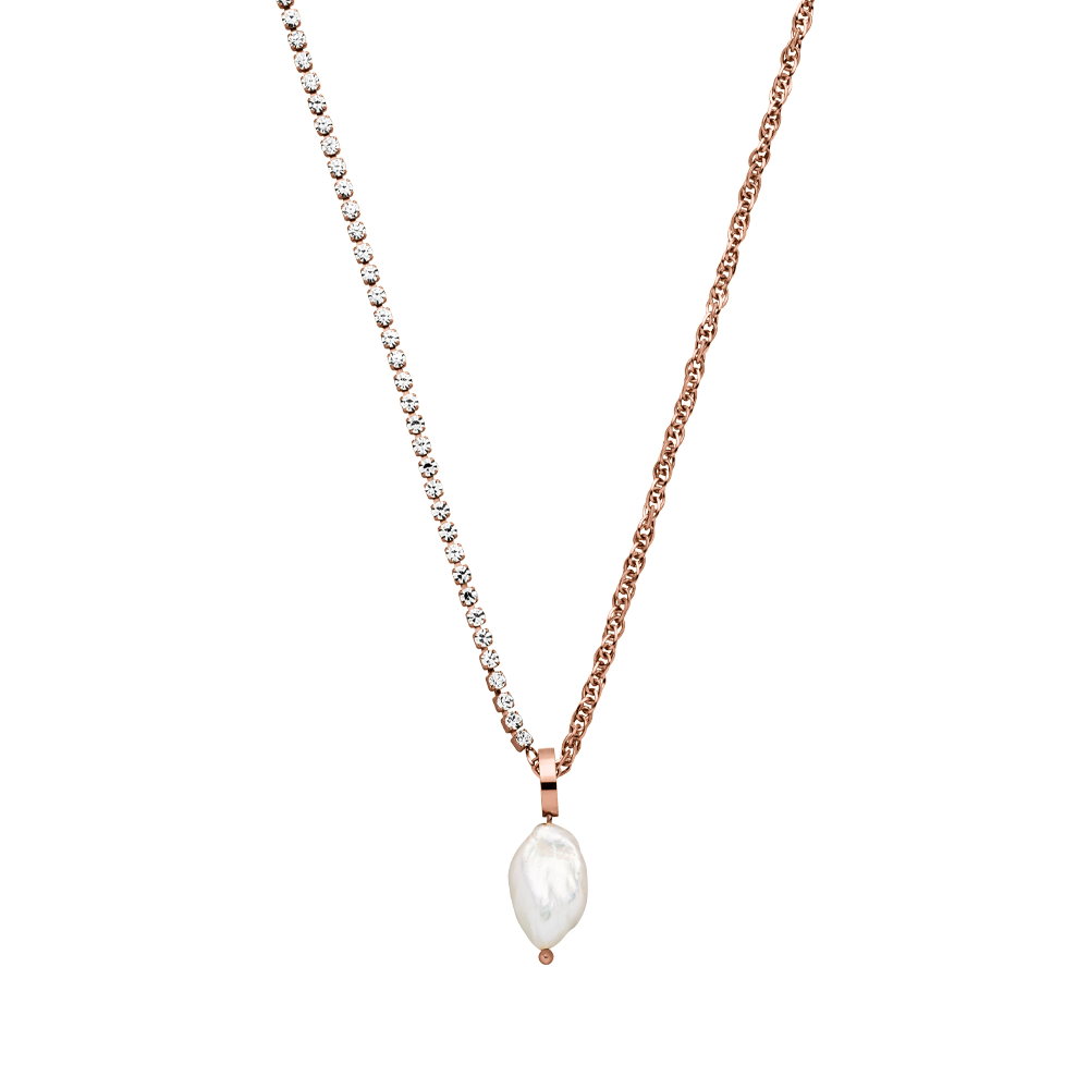 Elua Kette von PURELEI mit halbseitiger Zirkonia-Kette und schimmernder Keshi-Perle in Roségold, elegant und feminin.