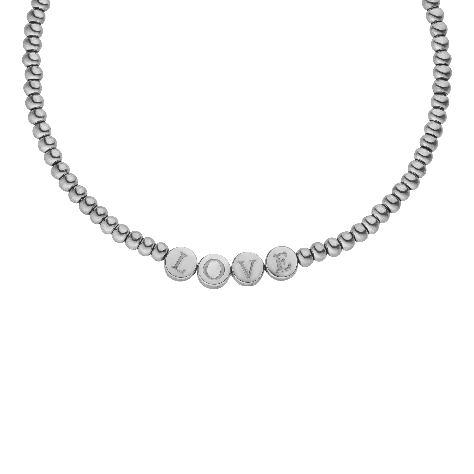 Silberne Kette mit LOVE-Anhänger, elegante Perlenstruktur von PURELEI.