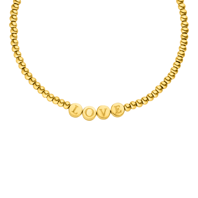 Goldene PURELEI Kette mit LOVE-Detail, glänzend und verspielt.