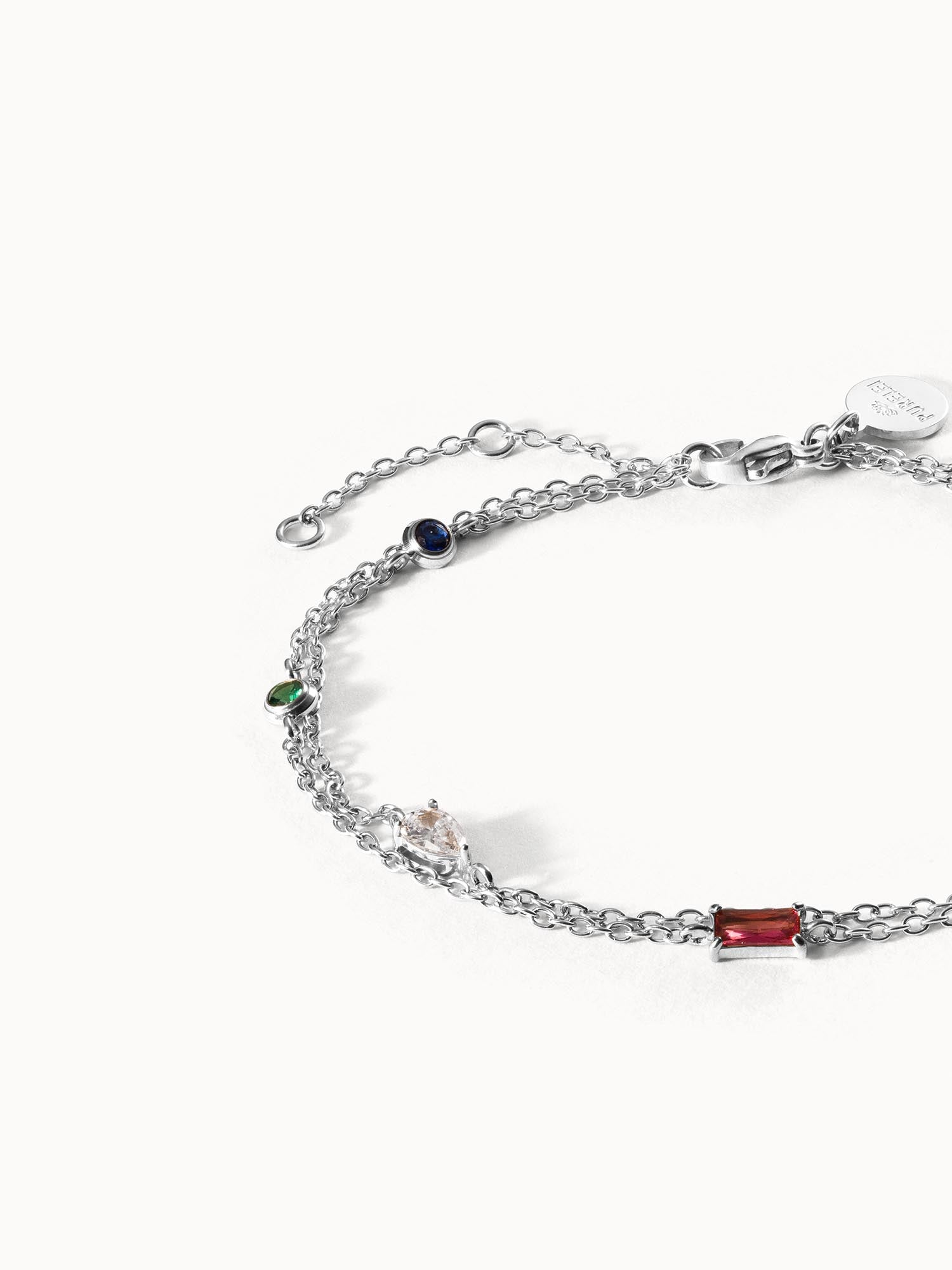 Silbernes Armband mit bunten Steinen, elegant und modern, von PURELEI.