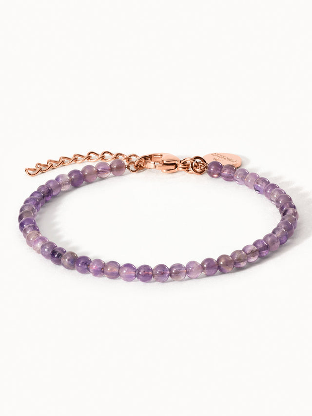 Amethyst Armband von PURELEI mit roségold vergoldetem Edelstahl und natürlichen lila Perlen, elegant und feminin.