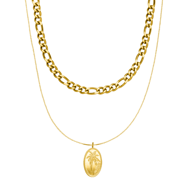 PURELEI Aiani Ketten-Set: 18K vergoldetes Layering mit Palmenanhänger, elegant und zeitlos, warmes Insel-Flair.