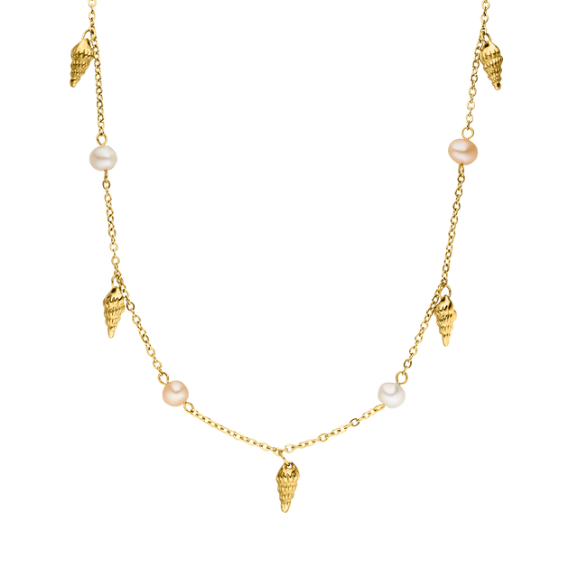 PURELEI Akala Kette aus vergoldetem Edelstahl mit Muschel-Anhängern und echten Perlen, elegant und feminin.