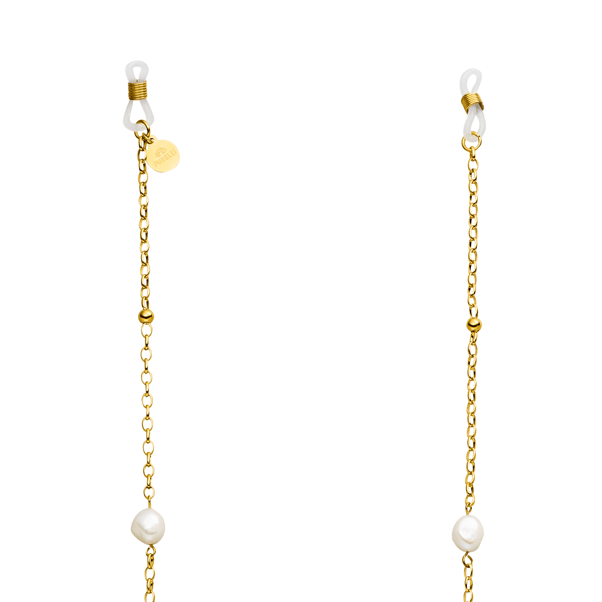 PURELEI Alima Brillenkette aus 18K vergoldetem Edelstahl mit schimmernden Keshi-Perlen, elegant und sommerlich.