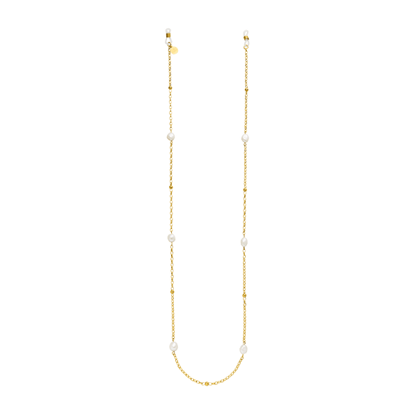 PURELEI Alima Brillenkette mit goldener Edelstahlkette und eleganten Keshi-Perlen, sommerlich leicht und feminin.