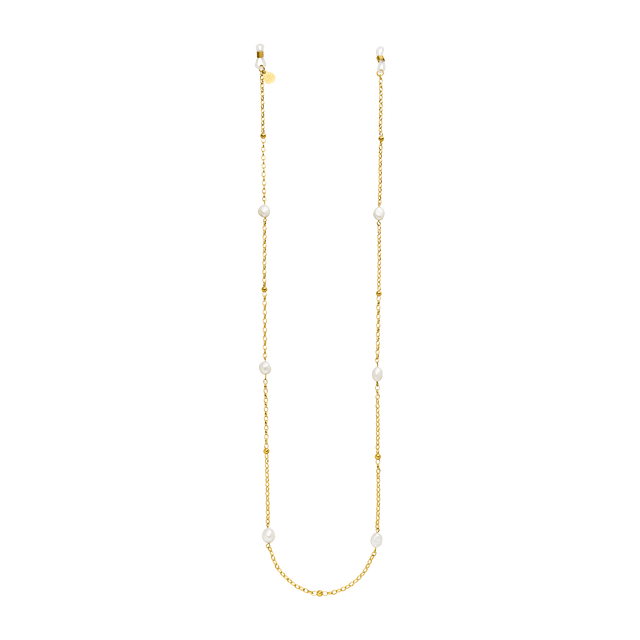 PURELEI Alima Brillenkette mit goldener Edelstahlkette und eleganten Keshi-Perlen, sommerlich leicht und feminin.