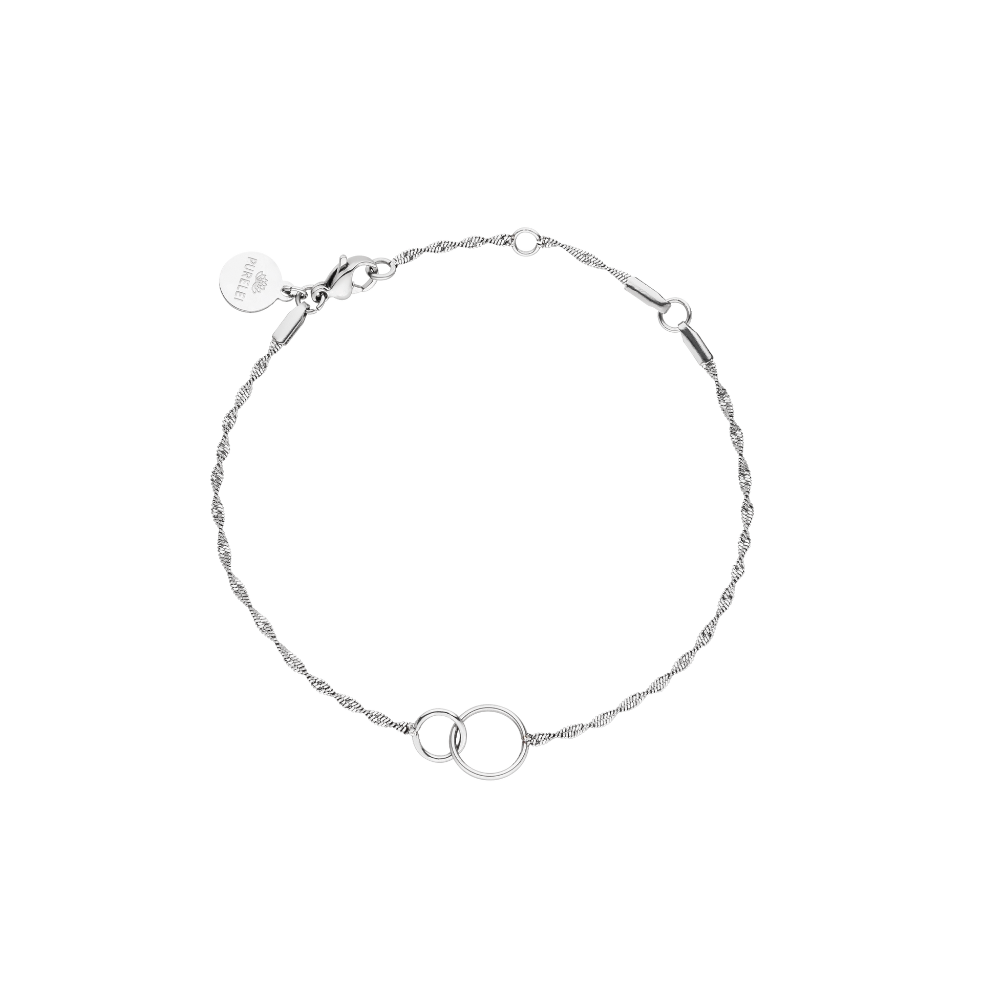 PURELEI Kekahi Armband aus nickelfreiem Silber mit zwei ineinandergreifenden Ringen, elegant und zeitlos.