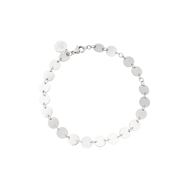 Kalani Armband aus nickelfreiem, silbernem Edelstahl mit zarten Plättchen, elegant und leicht am Handgelenk.