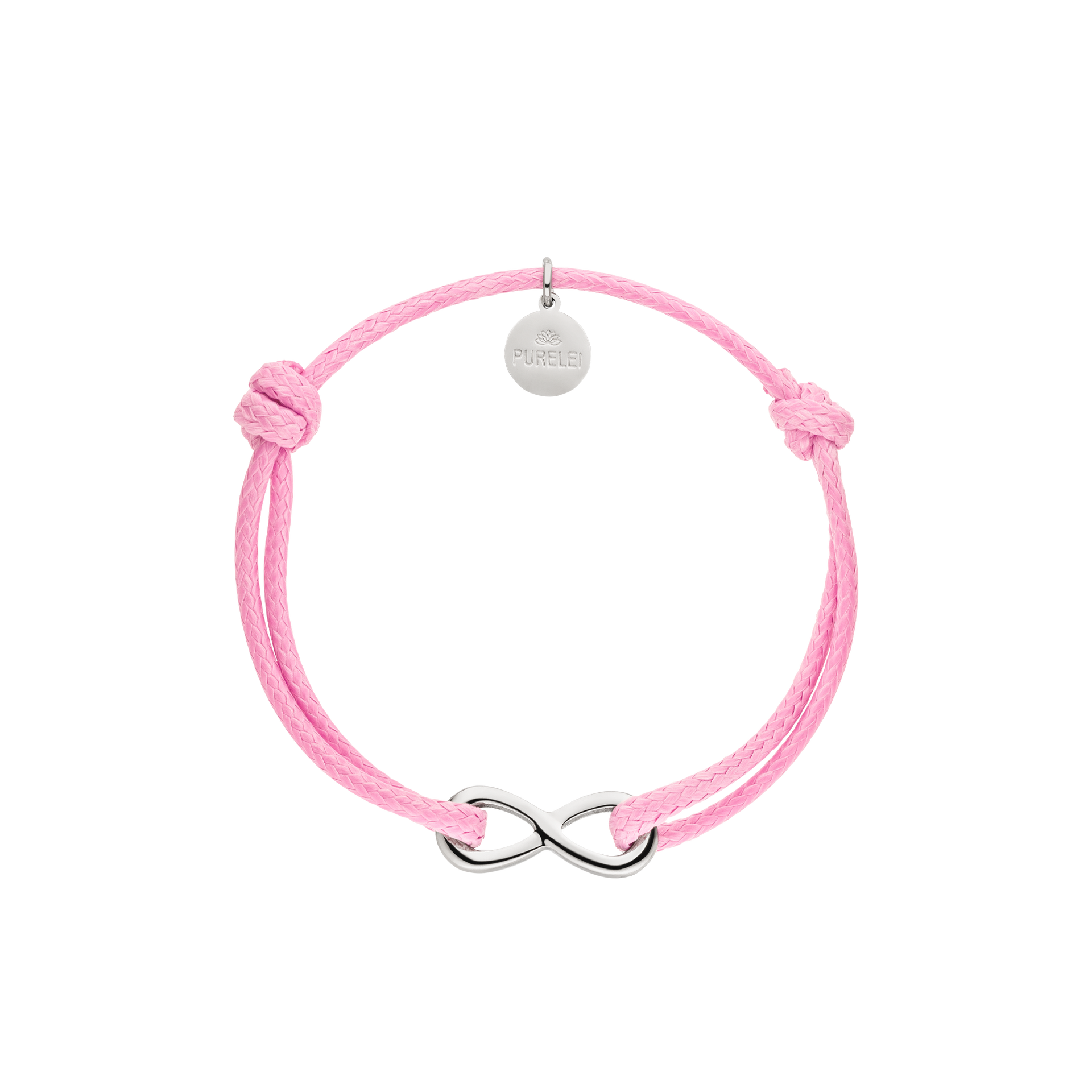 Pinkes Armband mit unendlichem Symbol und PURELEI-Anhänger, fröhlich und modern.
