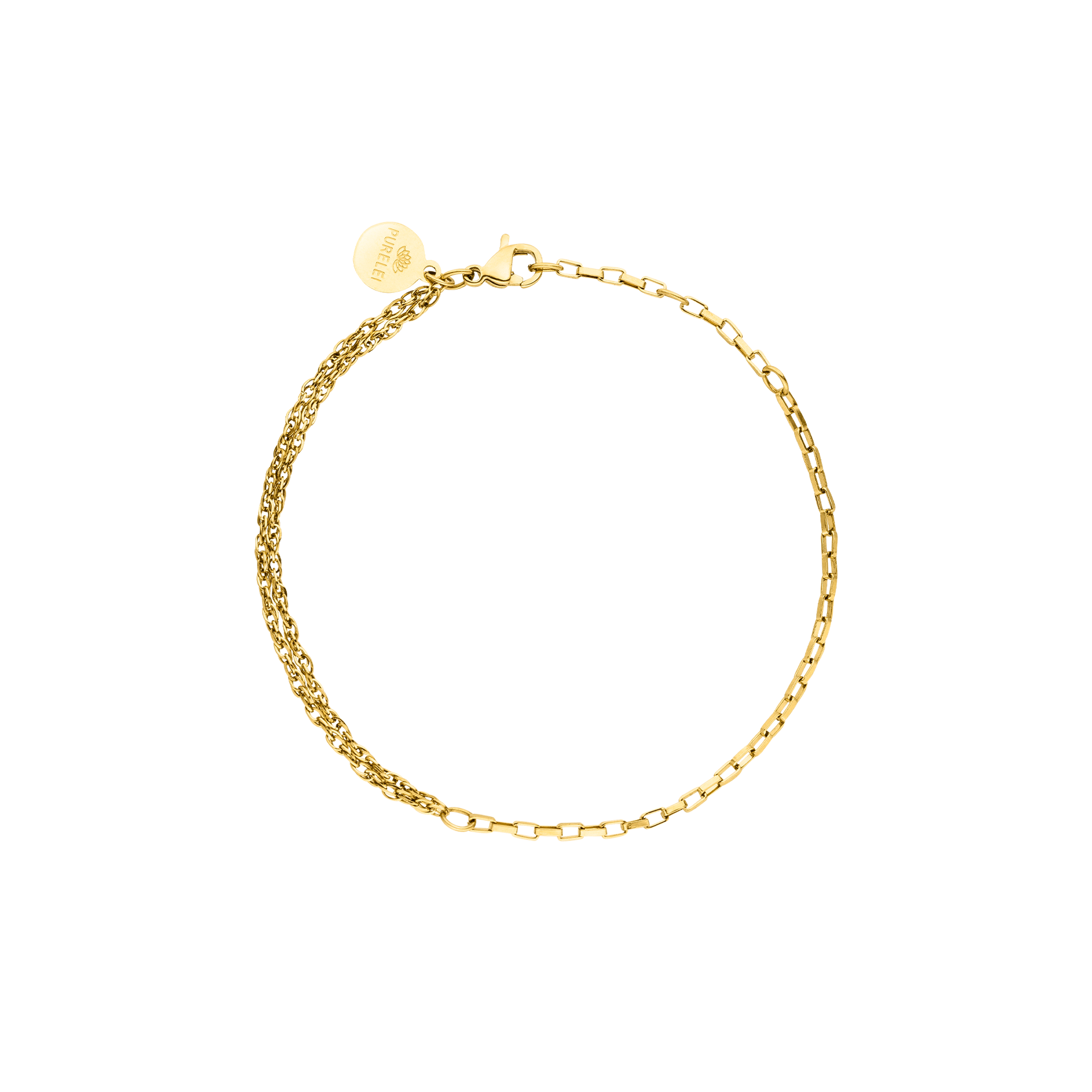 Klares, goldenes PURELEI Kumu O Mix Armband aus 18K Edelstahl, schlicht elegant, warm und feminin gestaltet.
