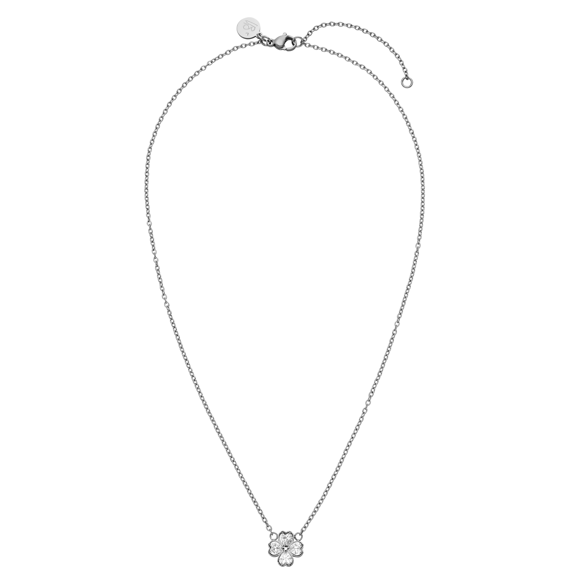 Silberne Kette mit blütenförmigem Anhänger und funkelnden Steinen von PURELEI.