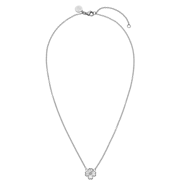 Silberne Kette mit blütenförmigem Anhänger und funkelnden Steinen von PURELEI.