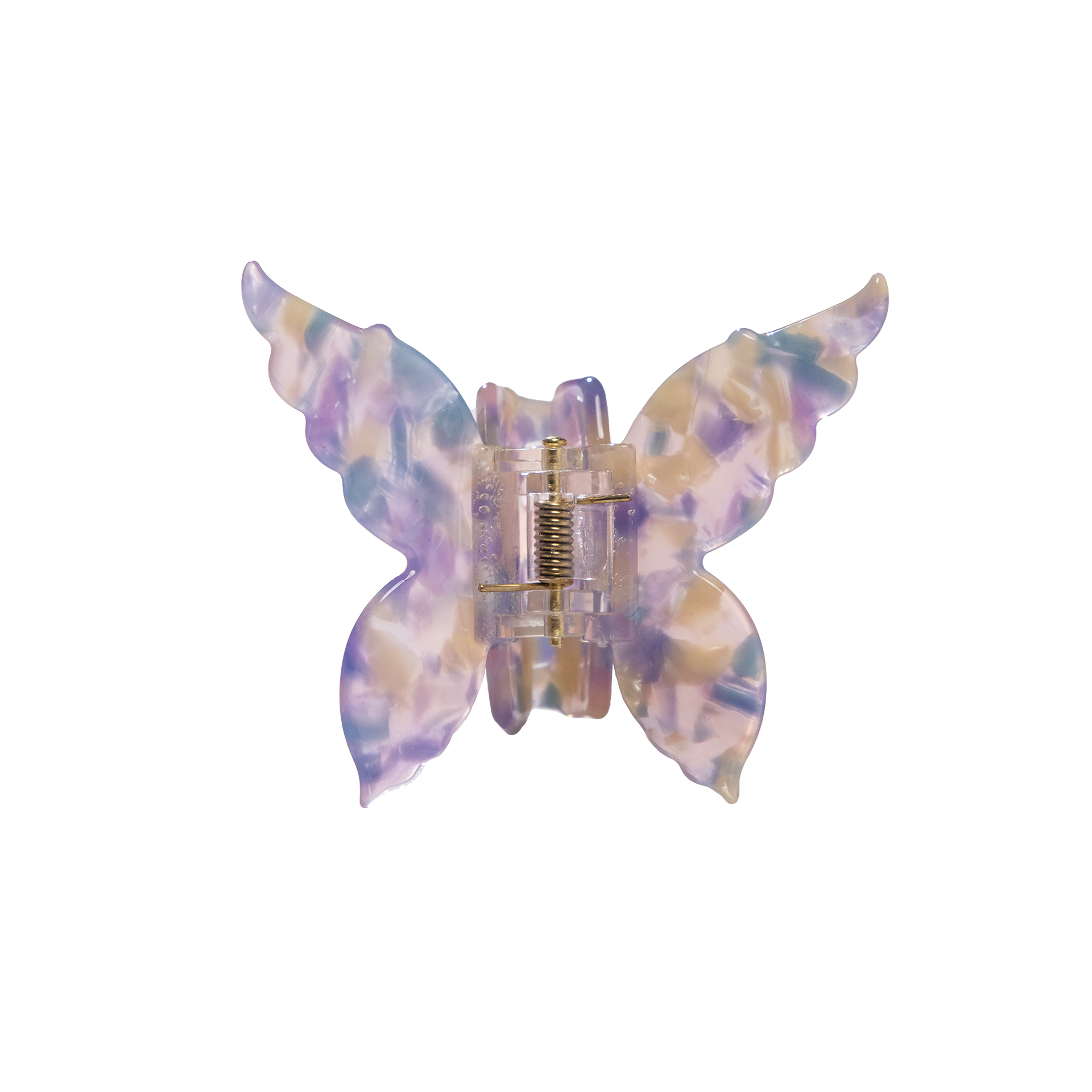 Transparente Haarklammer in Schmetterlingsform von PURELEI, lila und cremefarben mit marmoriertem Design.