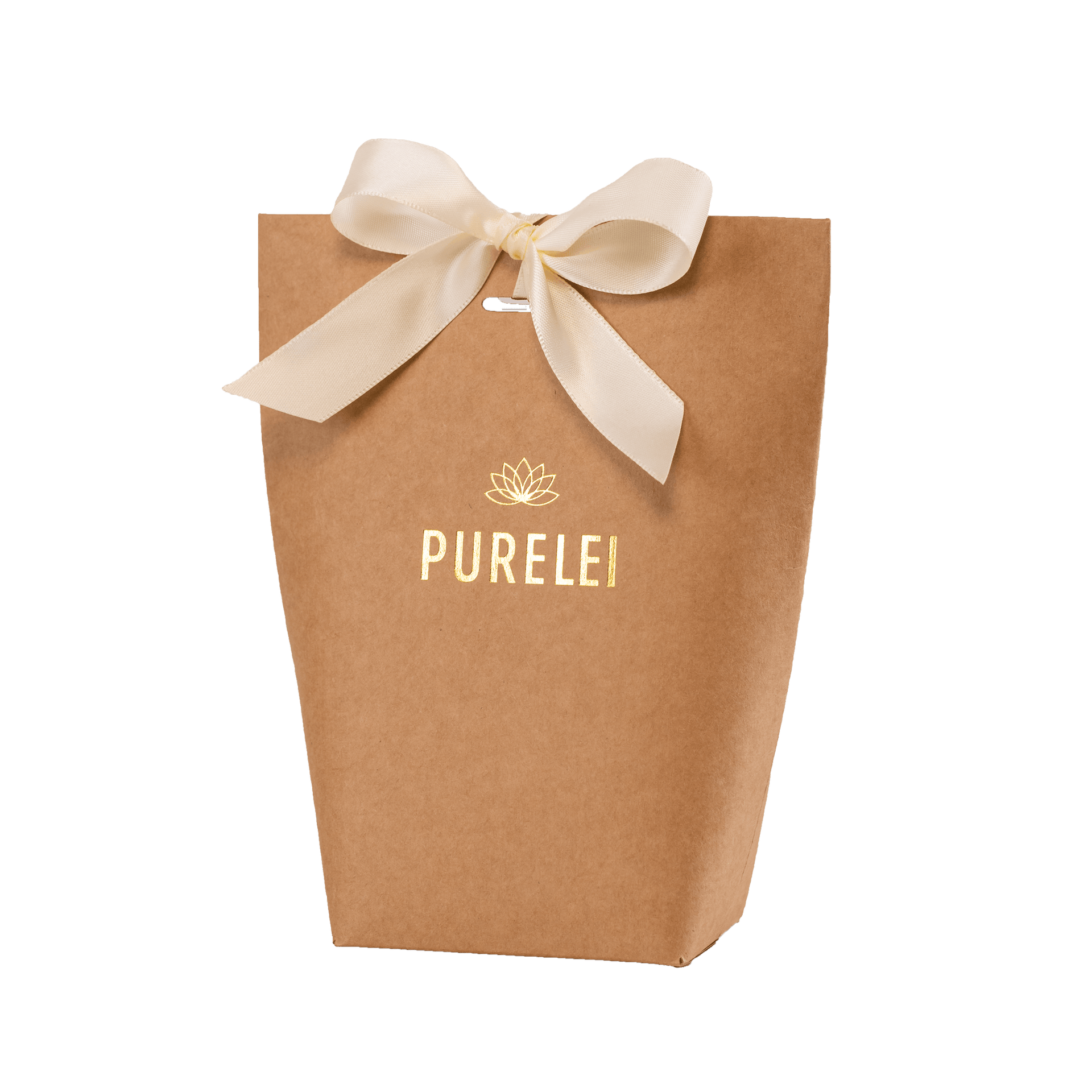 PURELEI Geschenkverpackung Basic aus braunem Kraftpapier mit goldener Prägung und cremeweißem Band, elegant und natürlich
