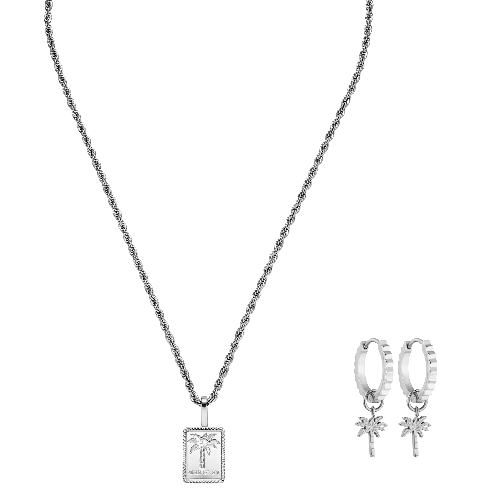 Silberne Kette mit Palmenanhänger und Ohrsteckern von PURELEI, elegant und tropisch.