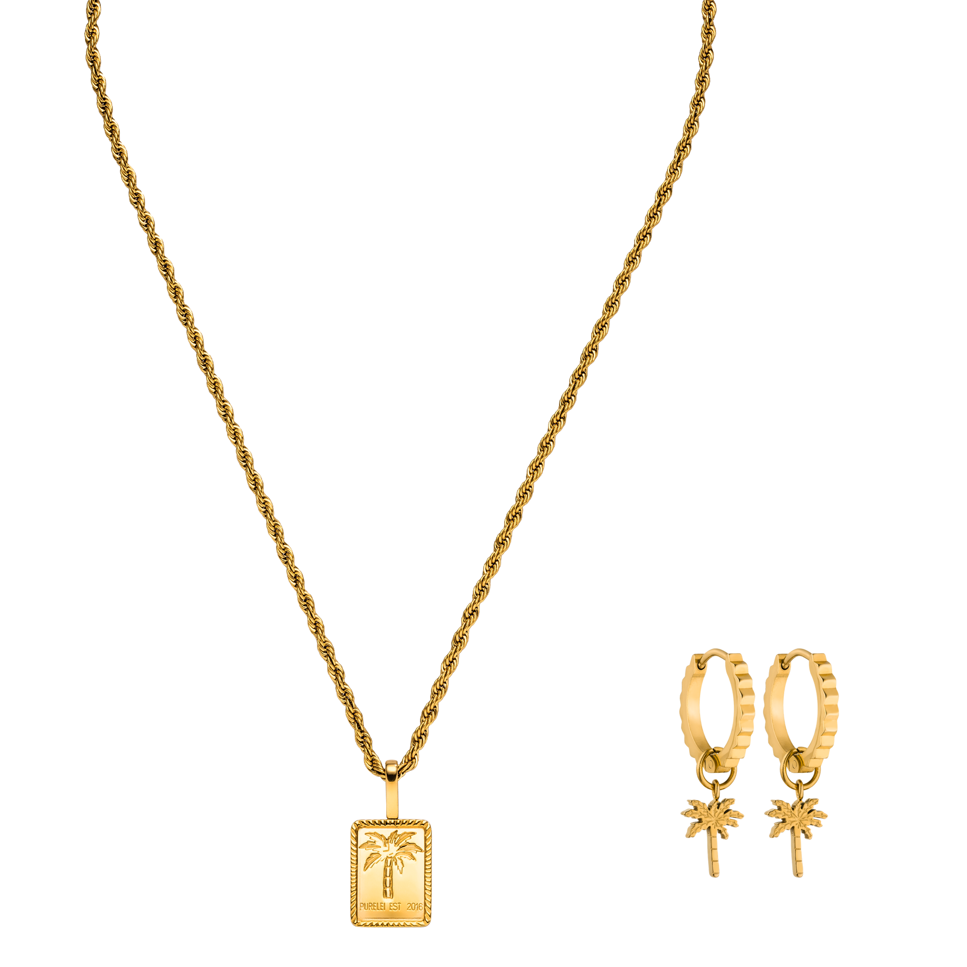 Goldene Kette mit Palmenanhänger und passenden Creolen von PURELEI, elegant und tropisch.