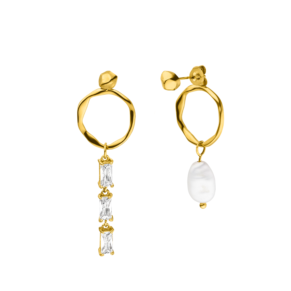 Elua Ohrringe von PURELEI, 18K Gold Edelstahl, asymmetrisch mit Zirkonia und einzigartiger Keshi-Perle, elegant und feminin.