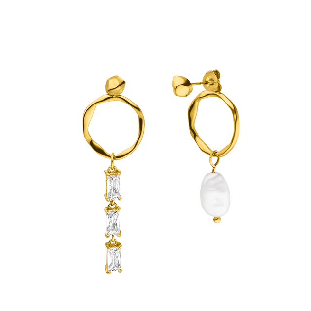 Elua Ohrringe von PURELEI, 18K Gold Edelstahl, asymmetrisch mit Zirkonia und einzigartiger Keshi-Perle, elegant und feminin.