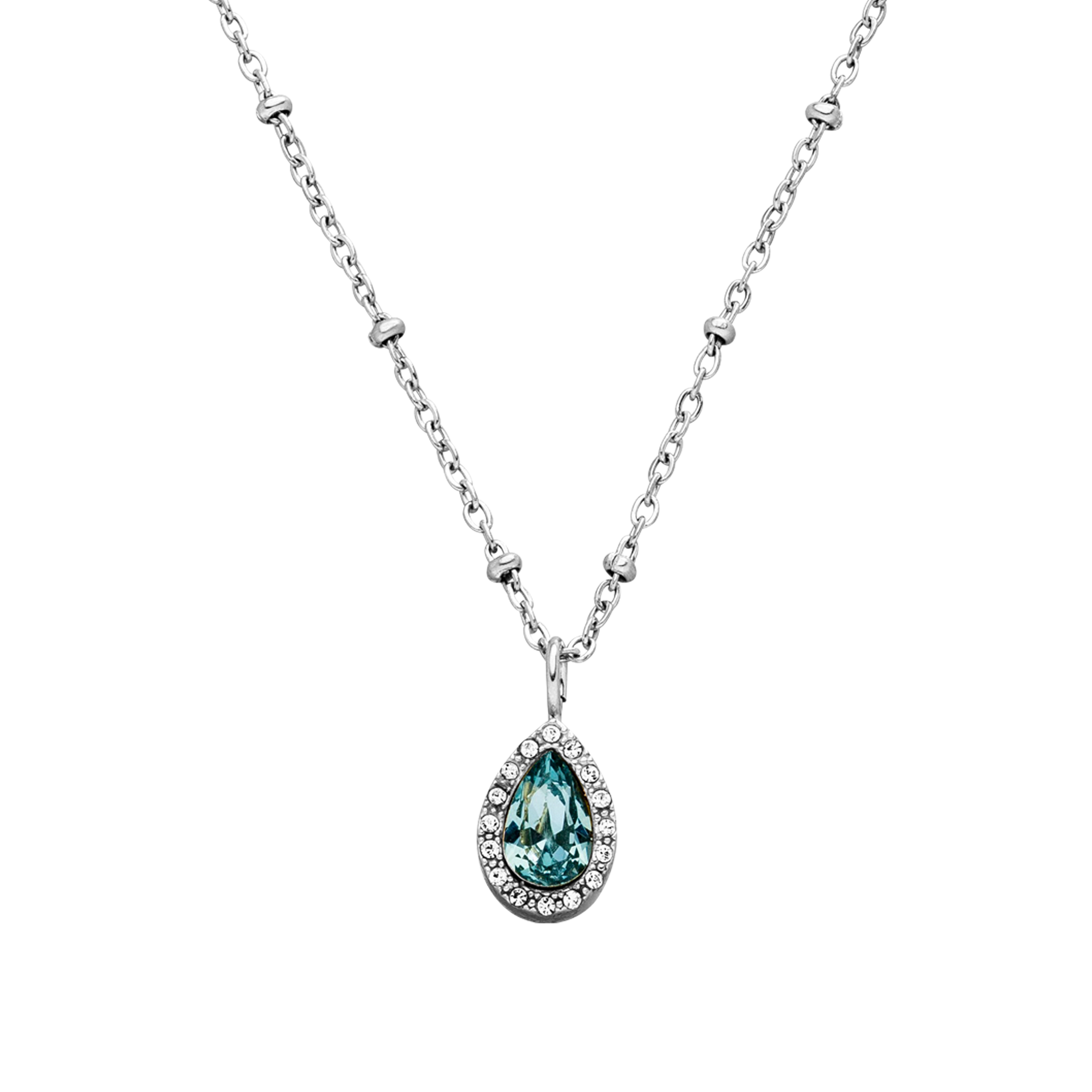 Bellezza Kette von PURELEI mit aquamarinblauem Tropfen aus Glas und silberner, filigraner Edelstahlkette, elegant und zeitlos.