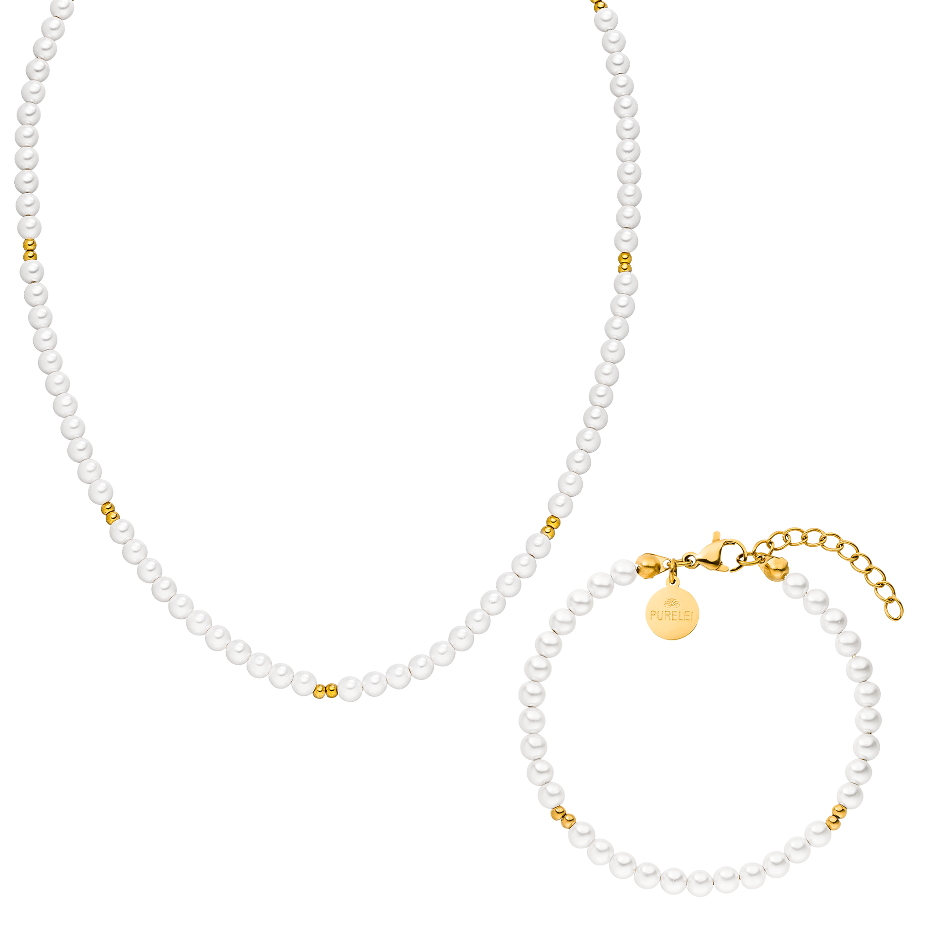 Weißes Perlenarmband und -kette mit goldenen Akzenten von PURELEI, elegant und feminin.
