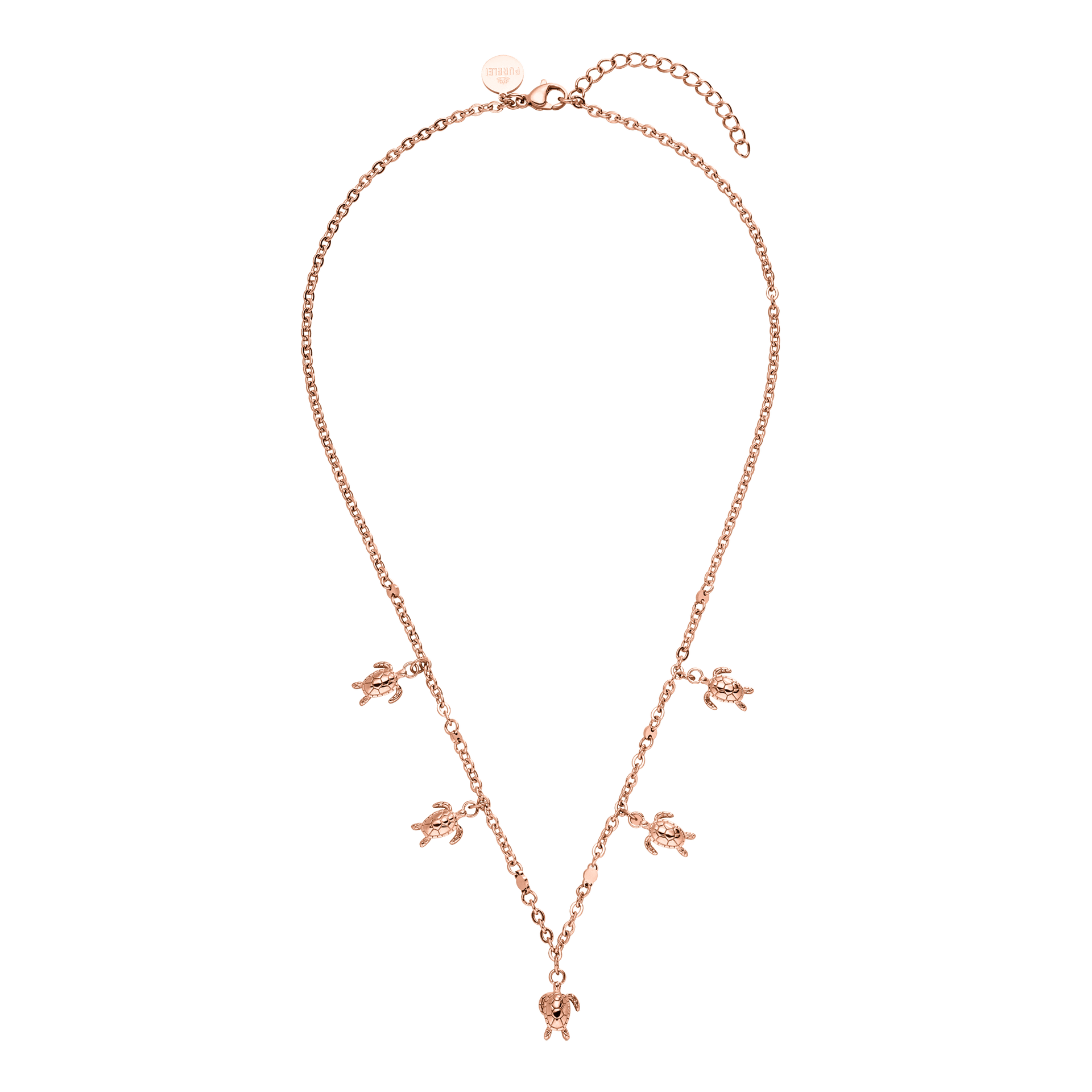 Roségoldene Kette mit Schildkröten-Anhängern, PURELEI, elegant und verspielt.