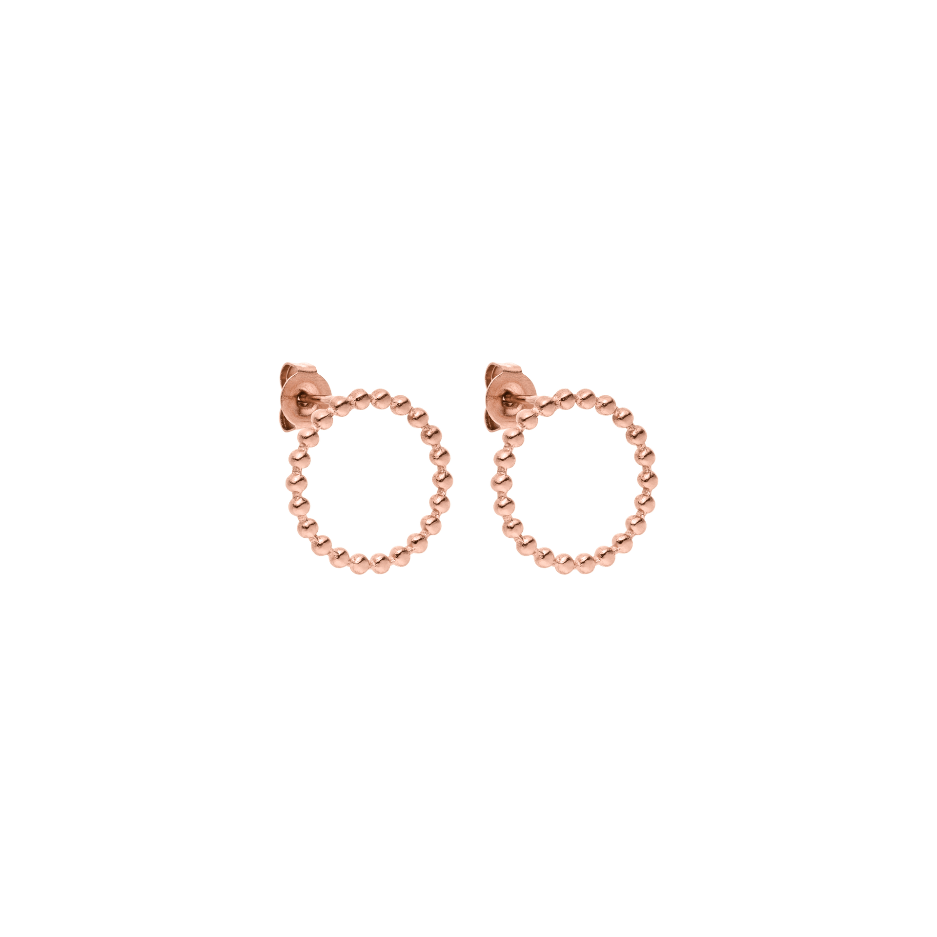 PURELEI Karma Ohrringe, 18K rosévergoldete Edelstahlkreolen mit runder Perlenoptik, elegant und feminin gestaltet.