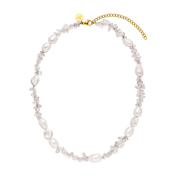 Halskette aus weißen Perlen und Kristallen, PURELEI, elegant und feminin.