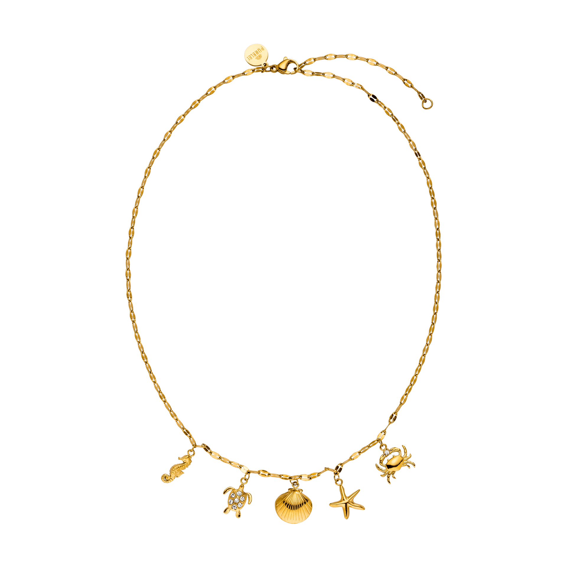 Goldene Kette mit maritimen Anhängern von PURELEI, elegant und verspielt.