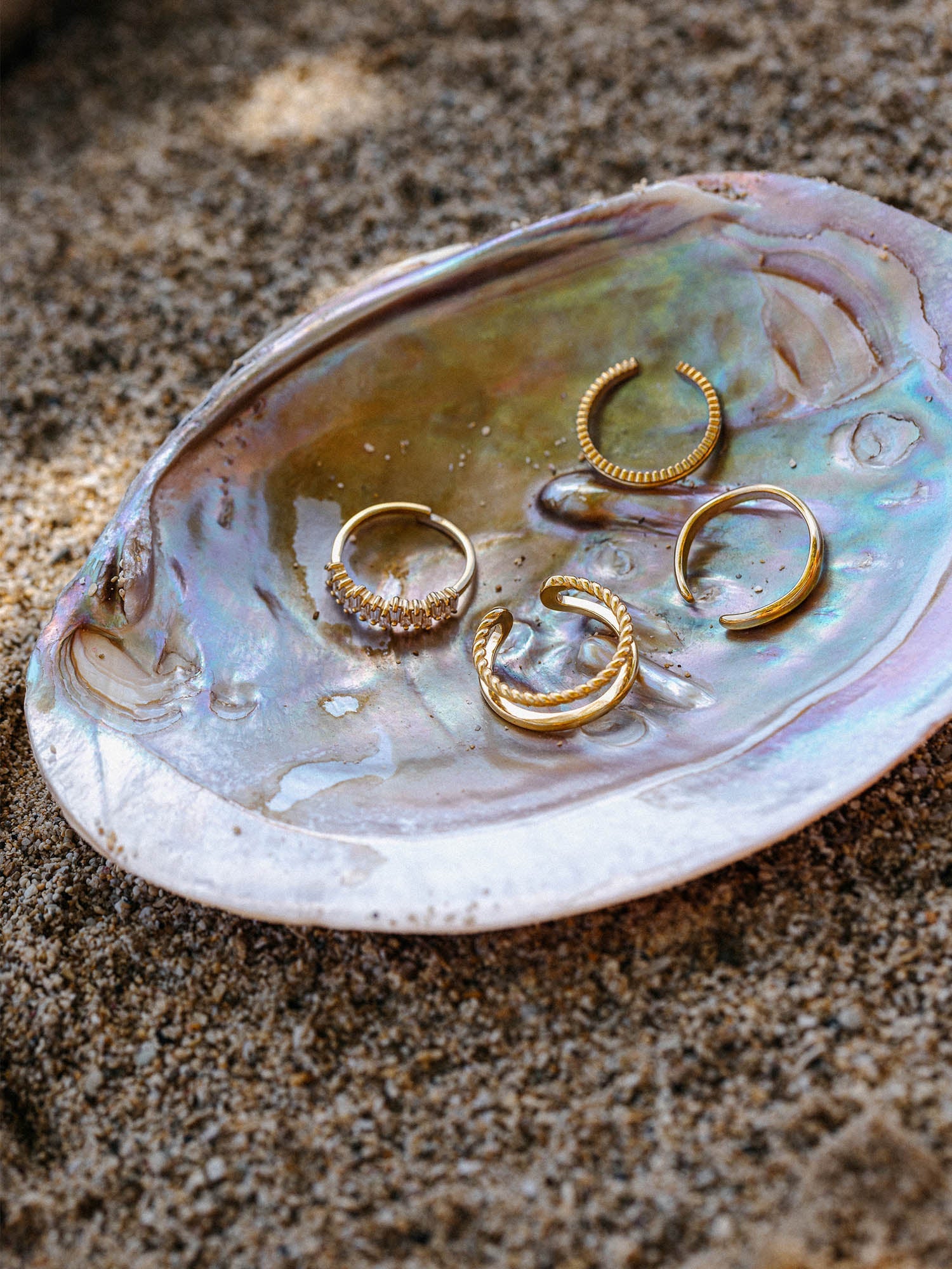 Silberne Ringe in Muschel auf Sand, PURELEI inspiriert von maritimer Eleganz.