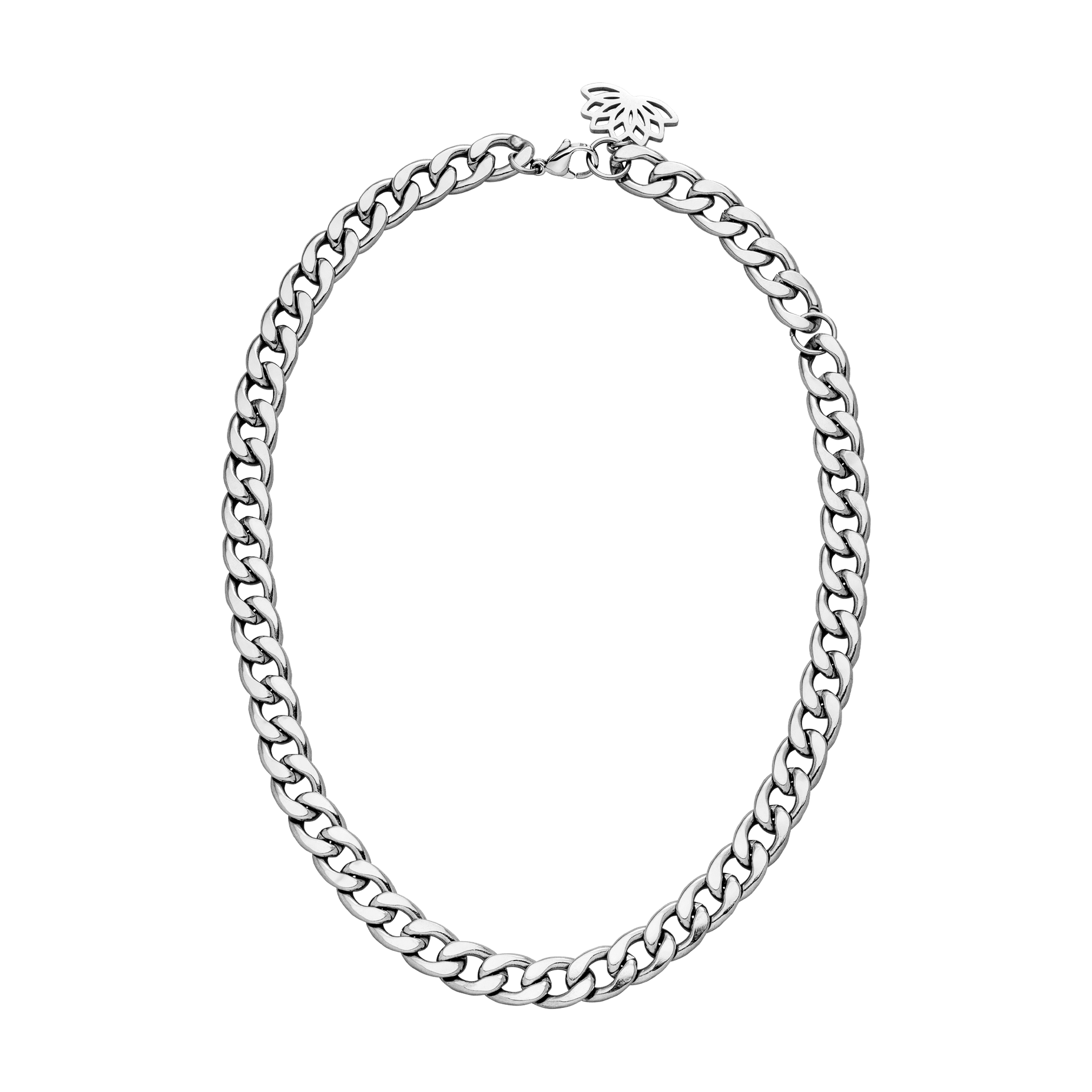 PURELEI Ikaika Kette aus nickelfreiem Silber mit markantem Gliederdesign und floralem Anhänger, elegant und modern.