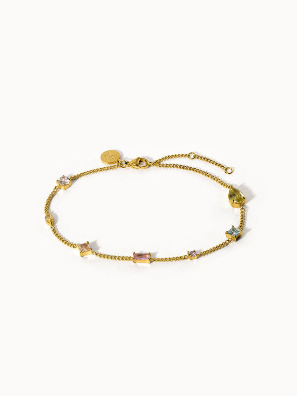 Goldenes Armband mit bunten Steinen, elegant und feminin, von PURELEI.