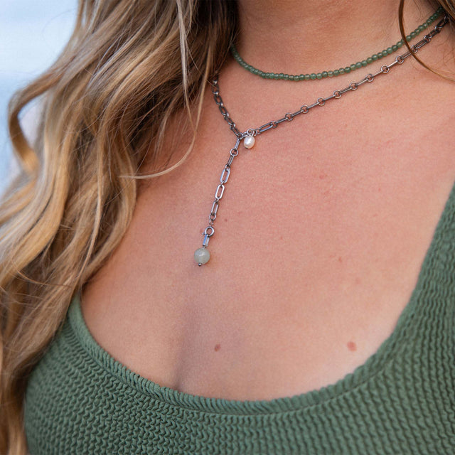 Aventurine Kette aus Edelstahl roségold vergoldet mit feinen Perlen, stilvoll kombiniert, pure feminine Leichtigkeit PURELEI