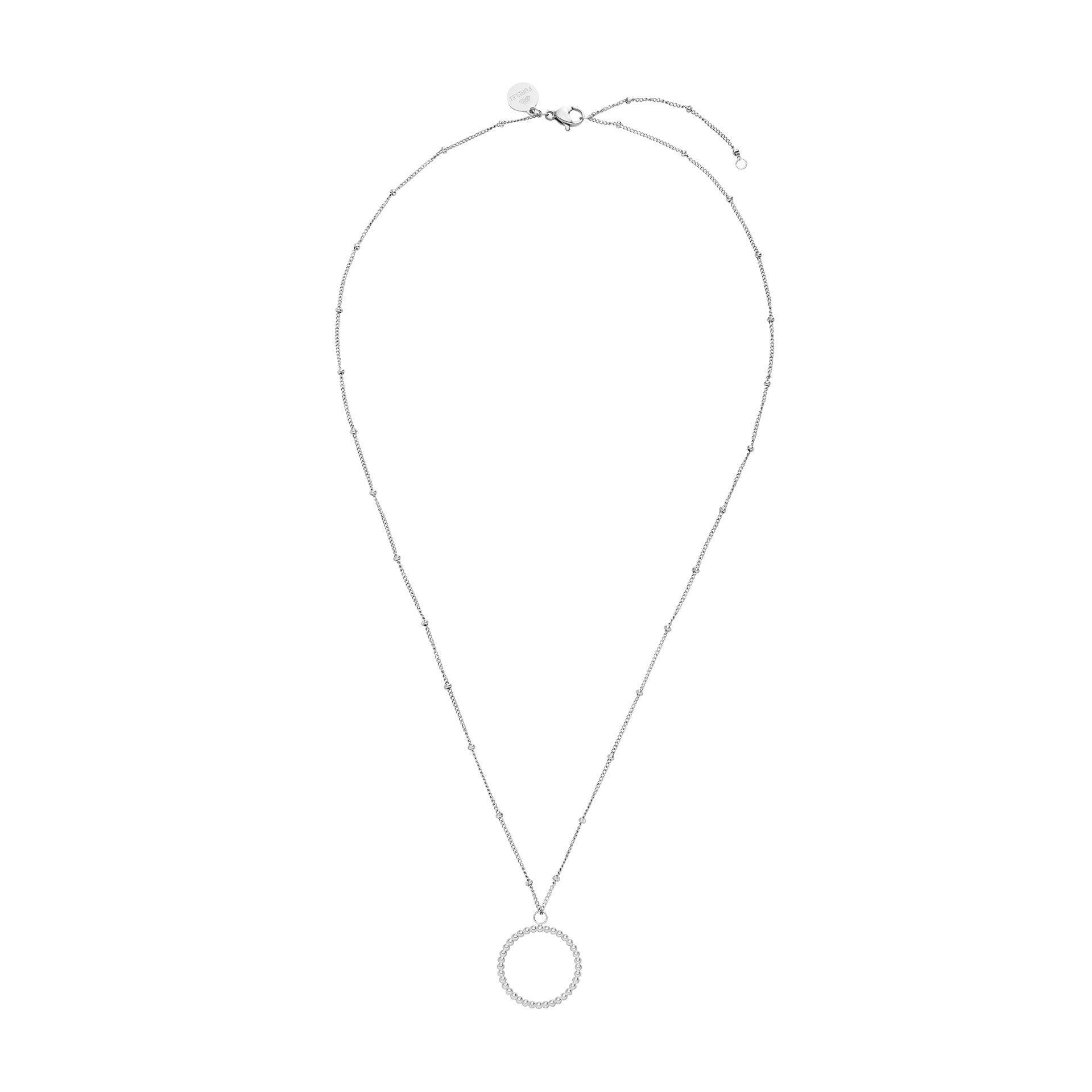 PURELEI Karma Kette aus silbernem Edelstahl mit filigranem Kreisanhänger, elegant und zeitlos gestaltet.