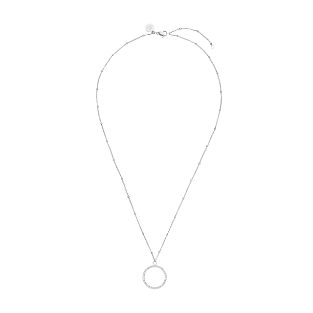 PURELEI Karma Kette aus silbernem Edelstahl mit filigranem Kreisanhänger, elegant und zeitlos gestaltet.