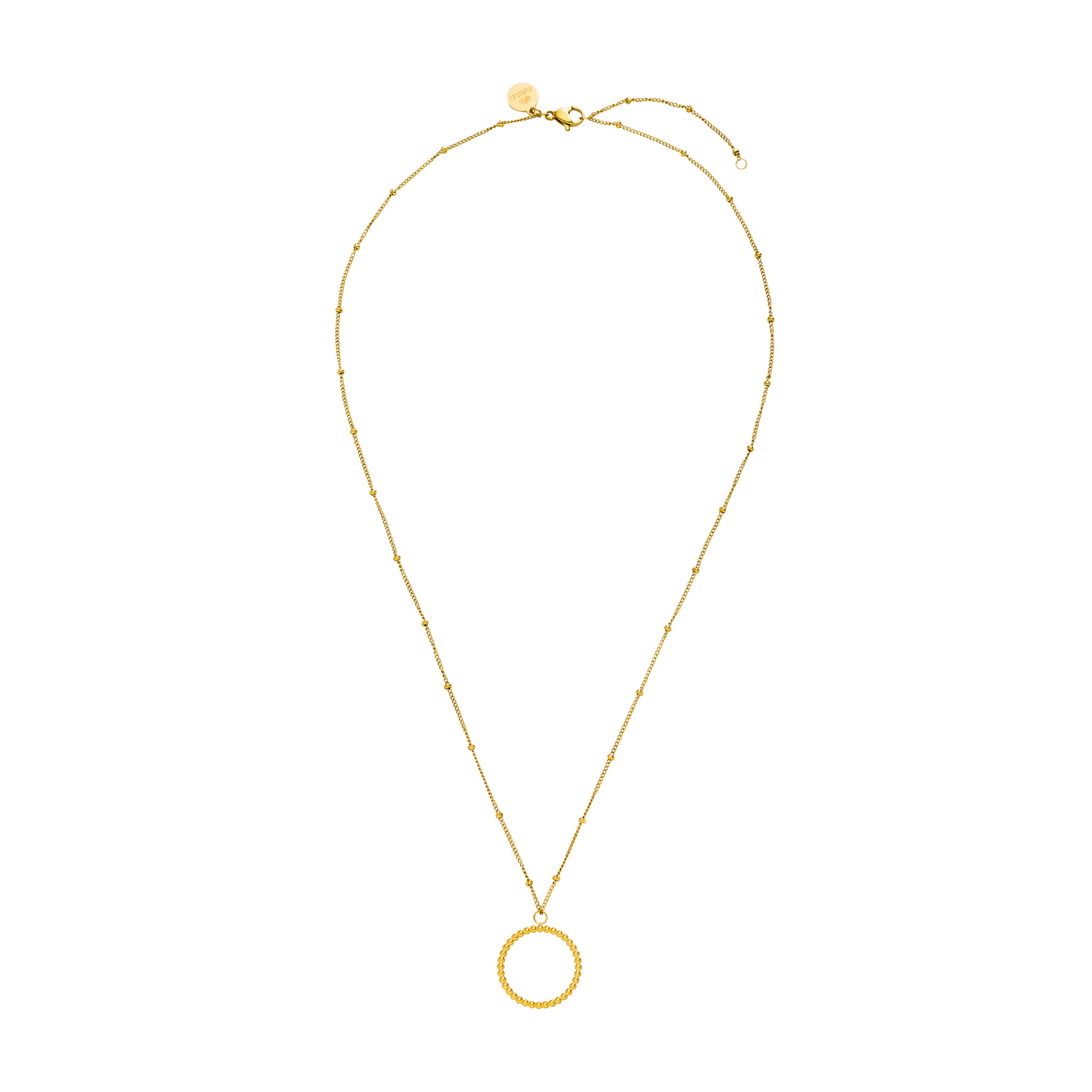 PURELEI Karma Kette aus 18K Gold-Edelstahl mit filigranem Kreis-Anhänger, elegant und zeitlos gestaltet.
