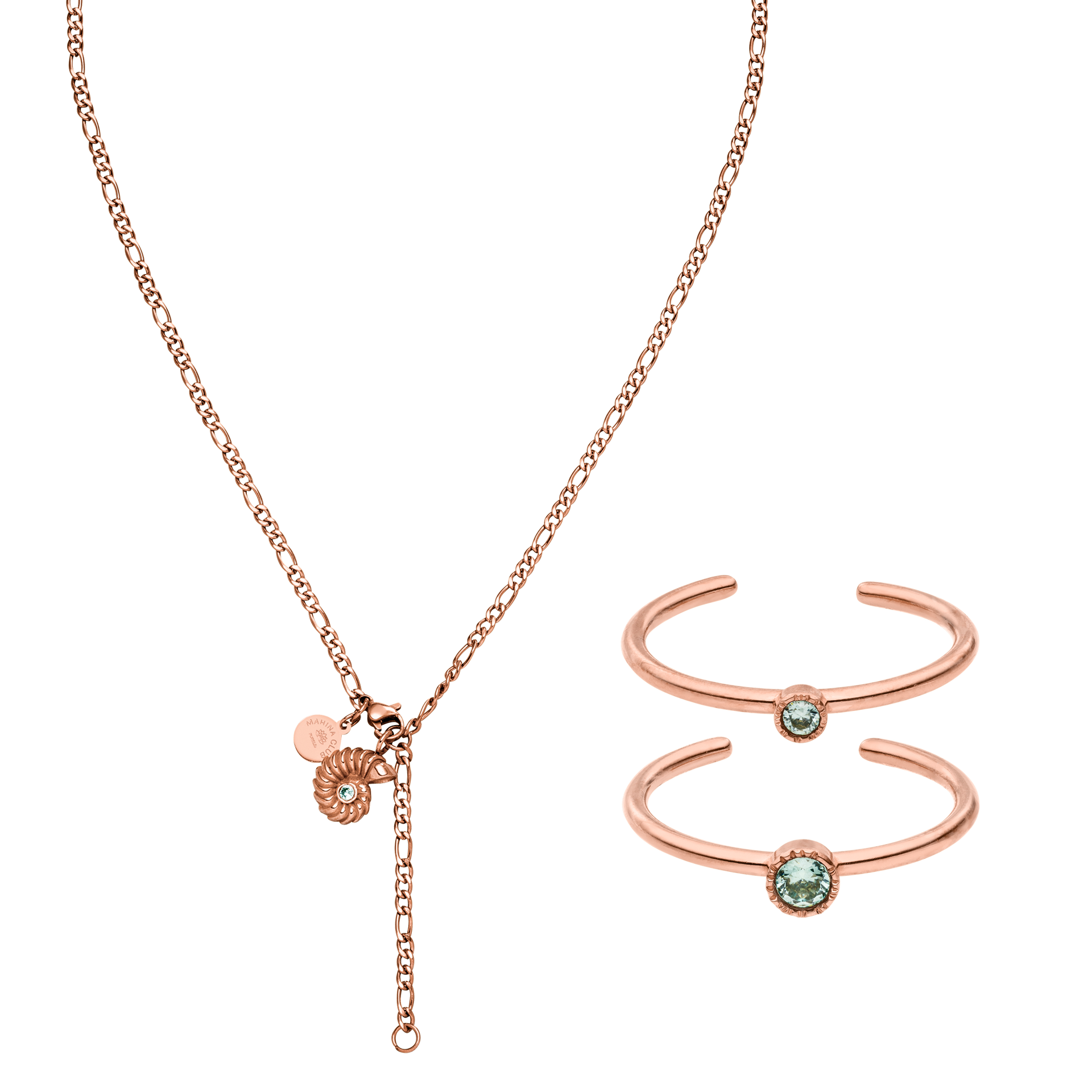 Roségoldene Kette und Armreifen mit zarten Details von PURELEI, elegant und feminin.