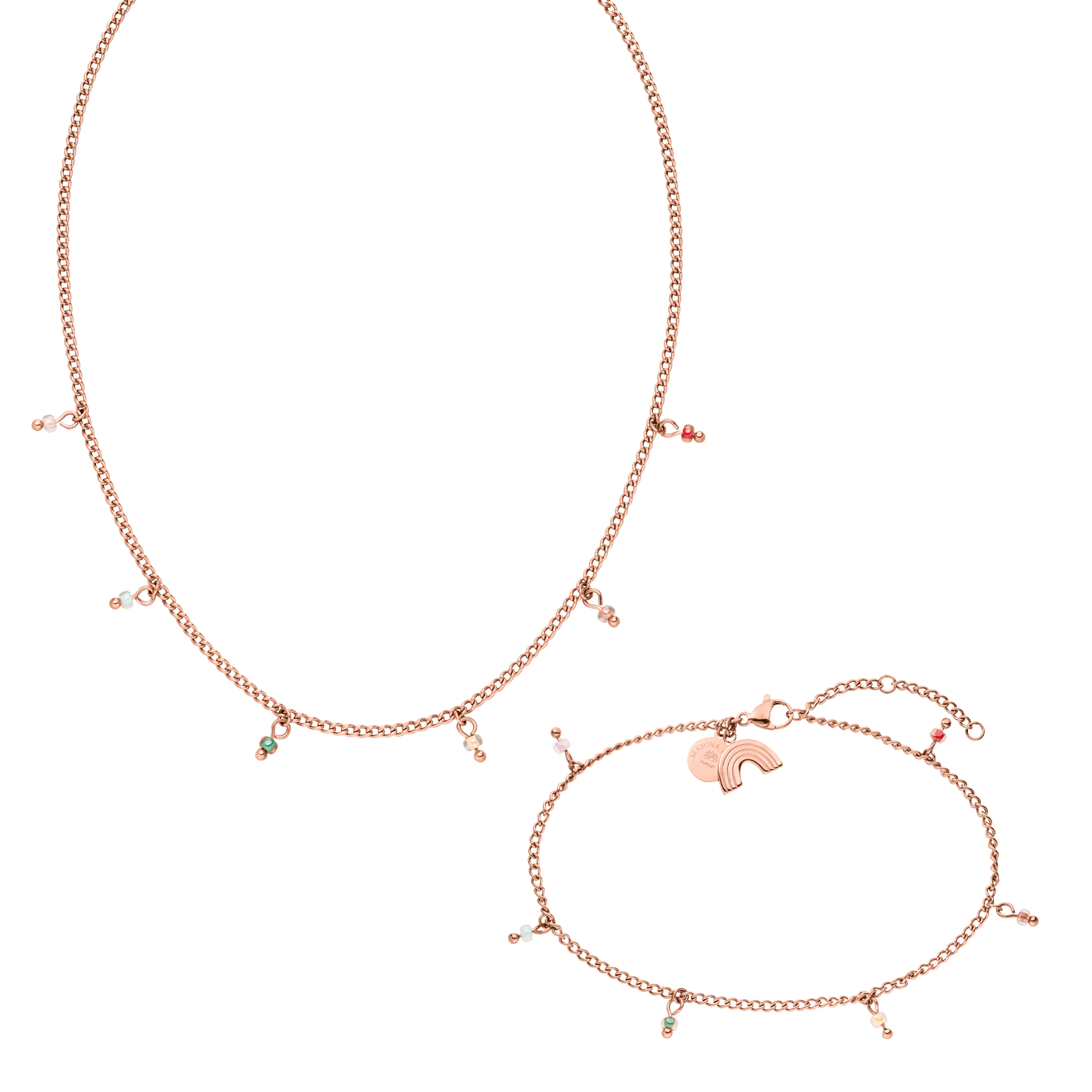 Roségoldene Kette und Armband mit bunten Anhängern von PURELEI, elegant und verspielt.