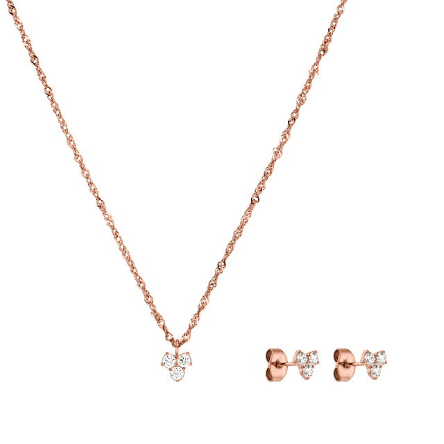 Roségoldene Kette mit funkelndem Anhänger und passende Ohrringe von PURELEI.