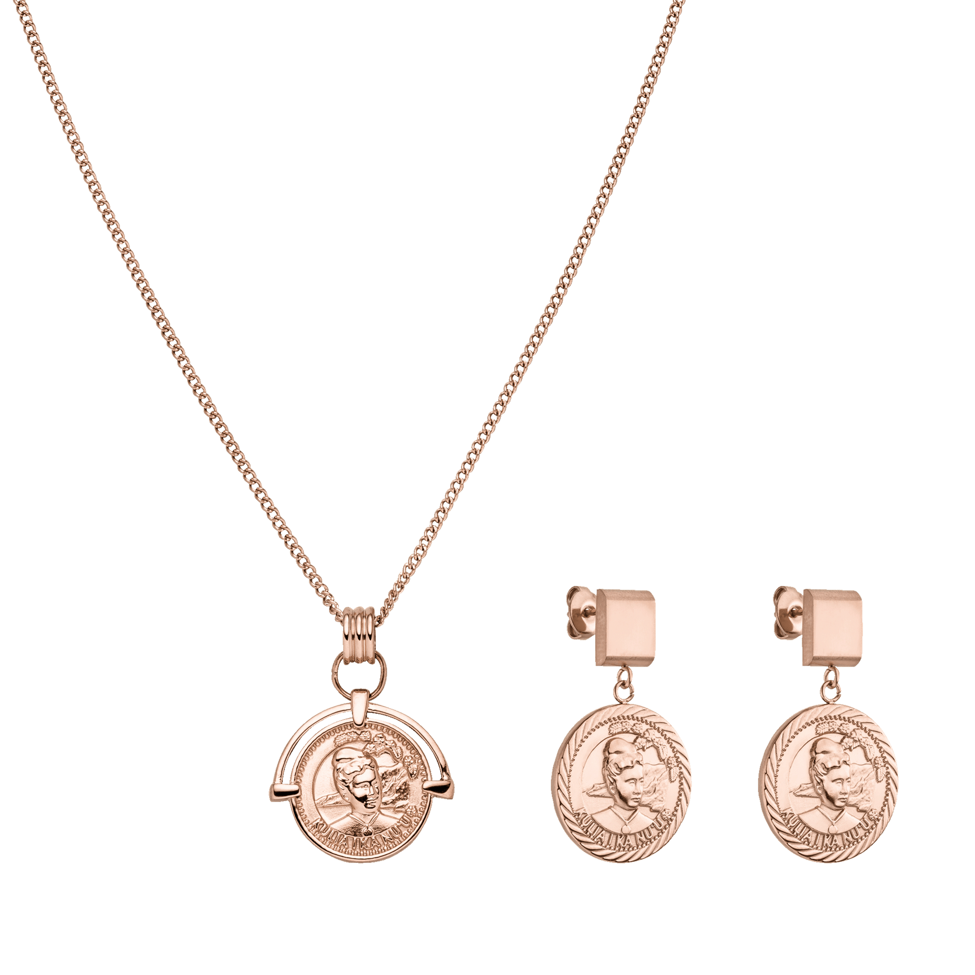 Roségoldene Kette und Ohrringe mit Münzdesign von PURELEI, elegant und feminin.