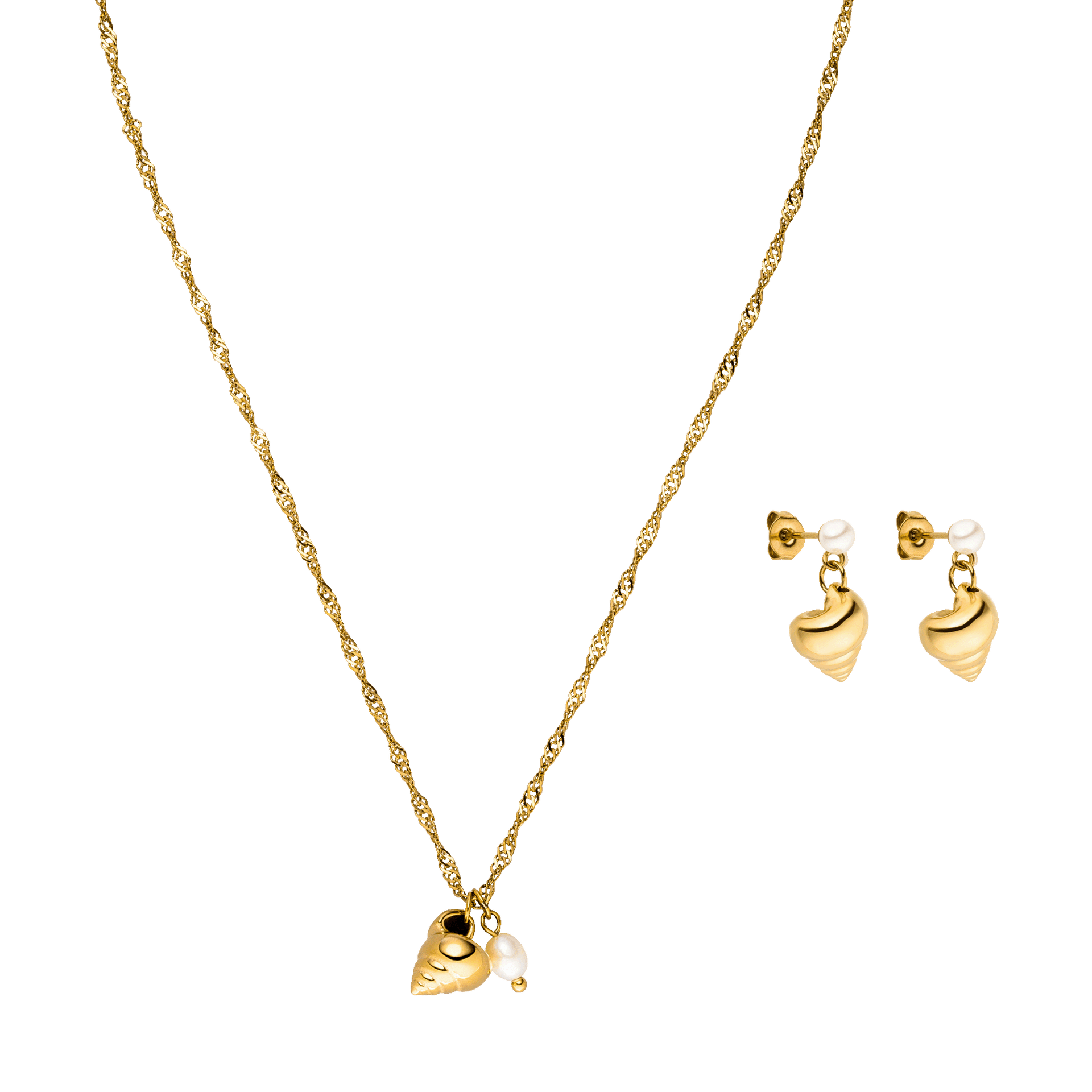 Goldene Kette mit Muschel-Anhänger und passenden Ohrringen von PURELEI, elegant und verspielt.