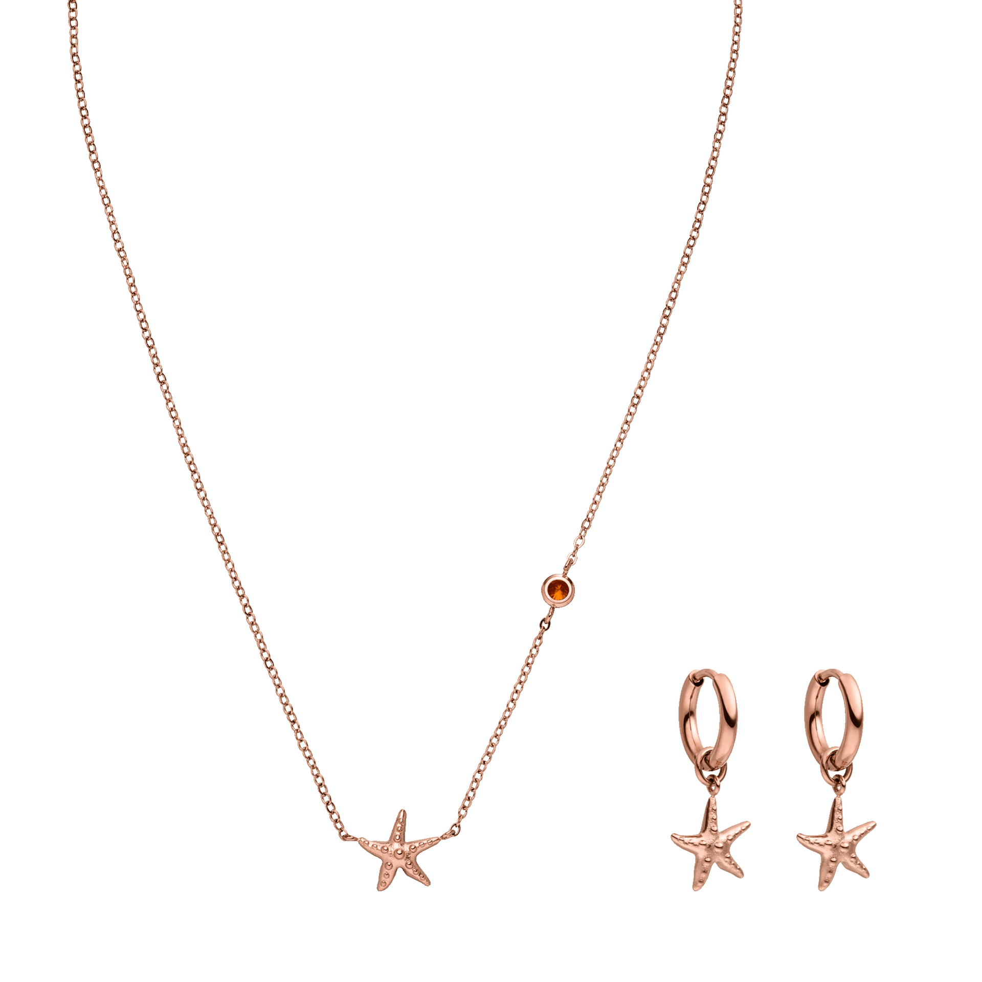 Roségoldene Kette und Ohrringe mit Sternenmotiv von PURELEI, elegant und maritim inspiriert.