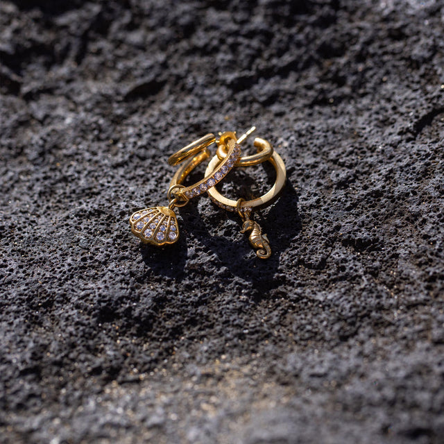 Silberne Creolen mit Muschel- und Seepferdchen-Anhängern von PURELEI auf Lavagestein.