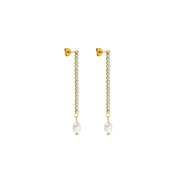 Goldene Ohrringe mit Perlen und funkelnden Details von PURELEI, elegant und feminin.