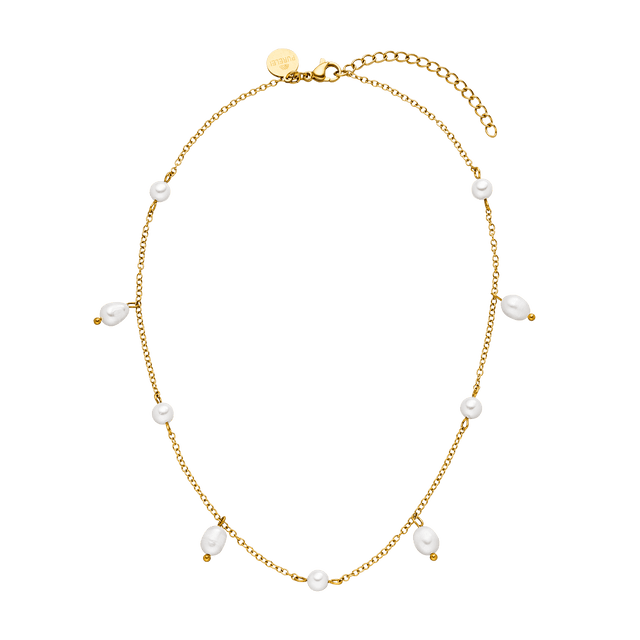 Goldene Kette mit weißen Perlen, elegant und feminin, von PURELEI.