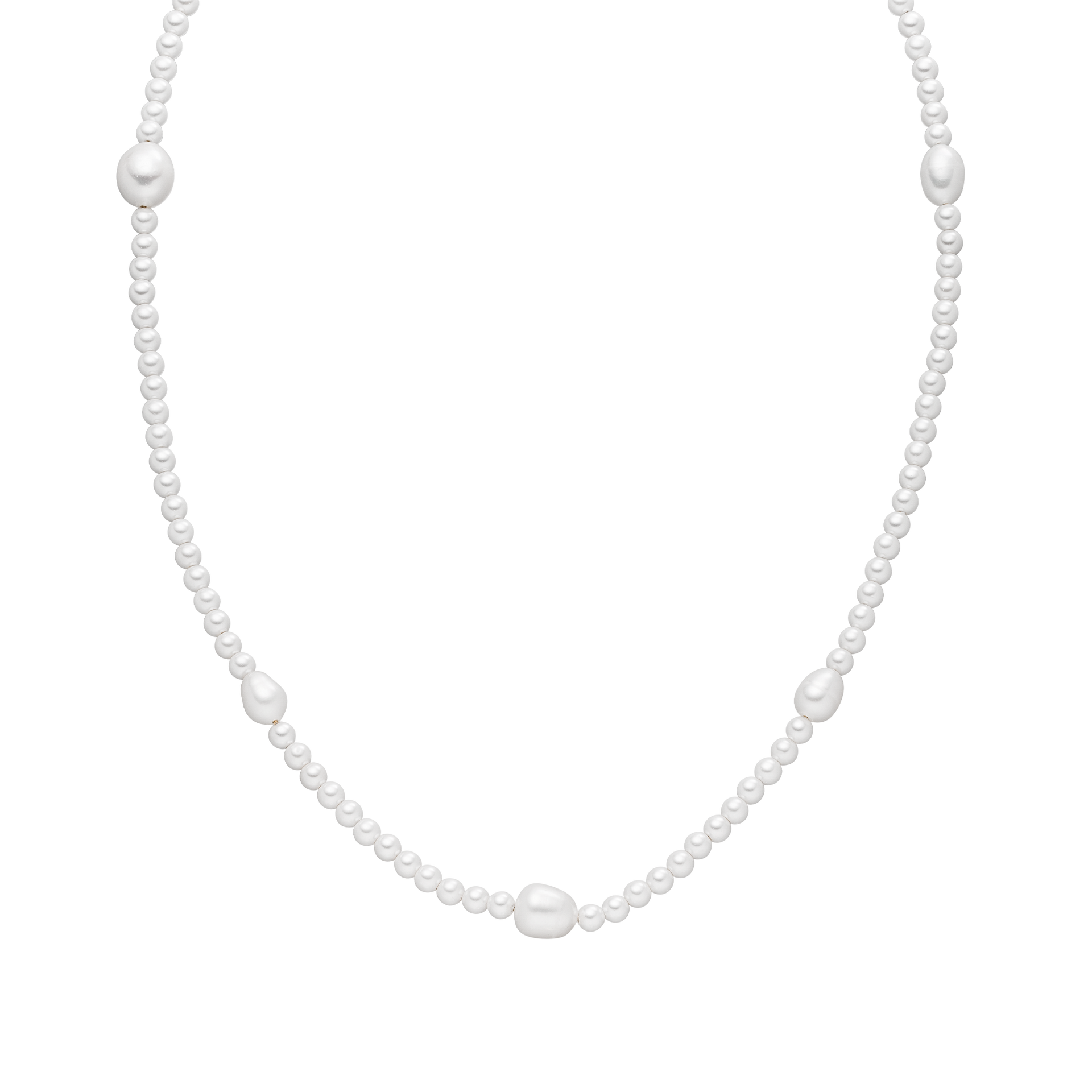 Weiße Perlenkette von PURELEI mit unterschiedlichen Perlenformen, elegant und zeitlos.