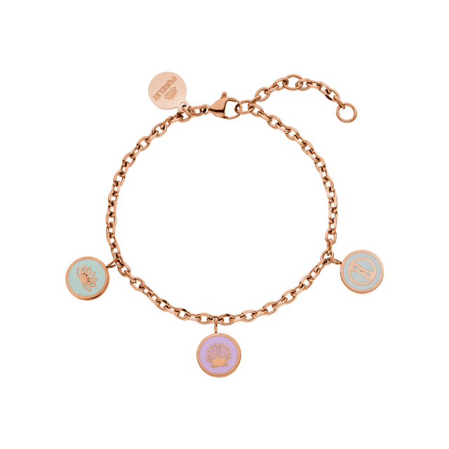 Roségoldenes Armband mit Muschel-Anhängern, PURELEI, tropische Eleganz.