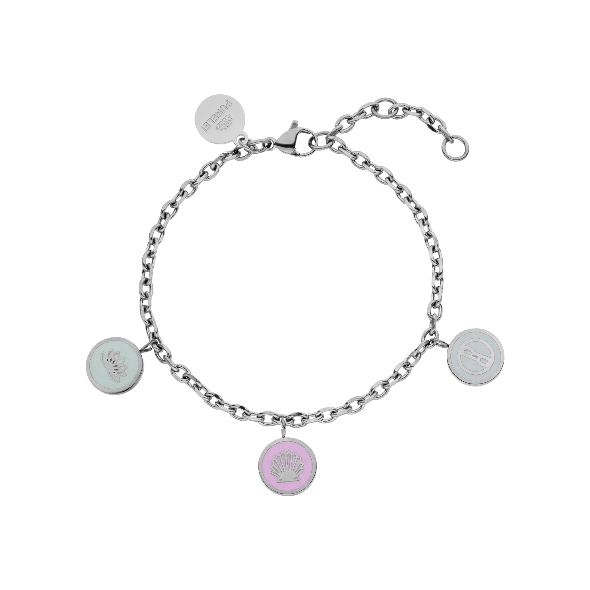 Silbernes Armband mit Muschel-Anhängern von PURELEI, elegant und verspielt.