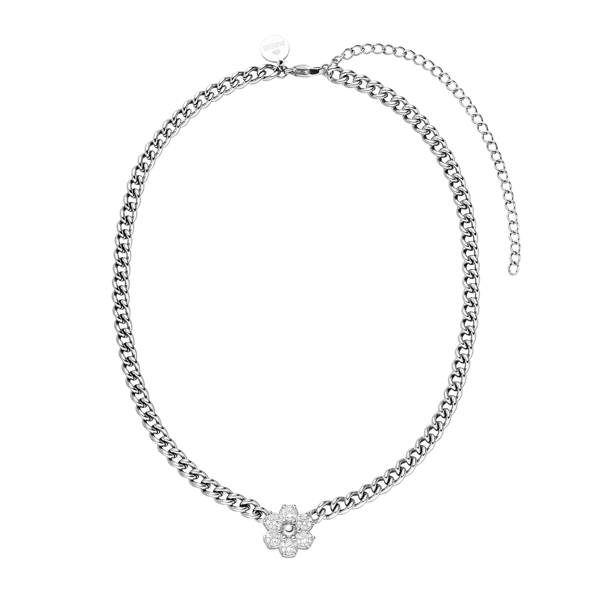Silberne Kette mit blütenförmigem Anhänger, PURELEI, elegant und modern.