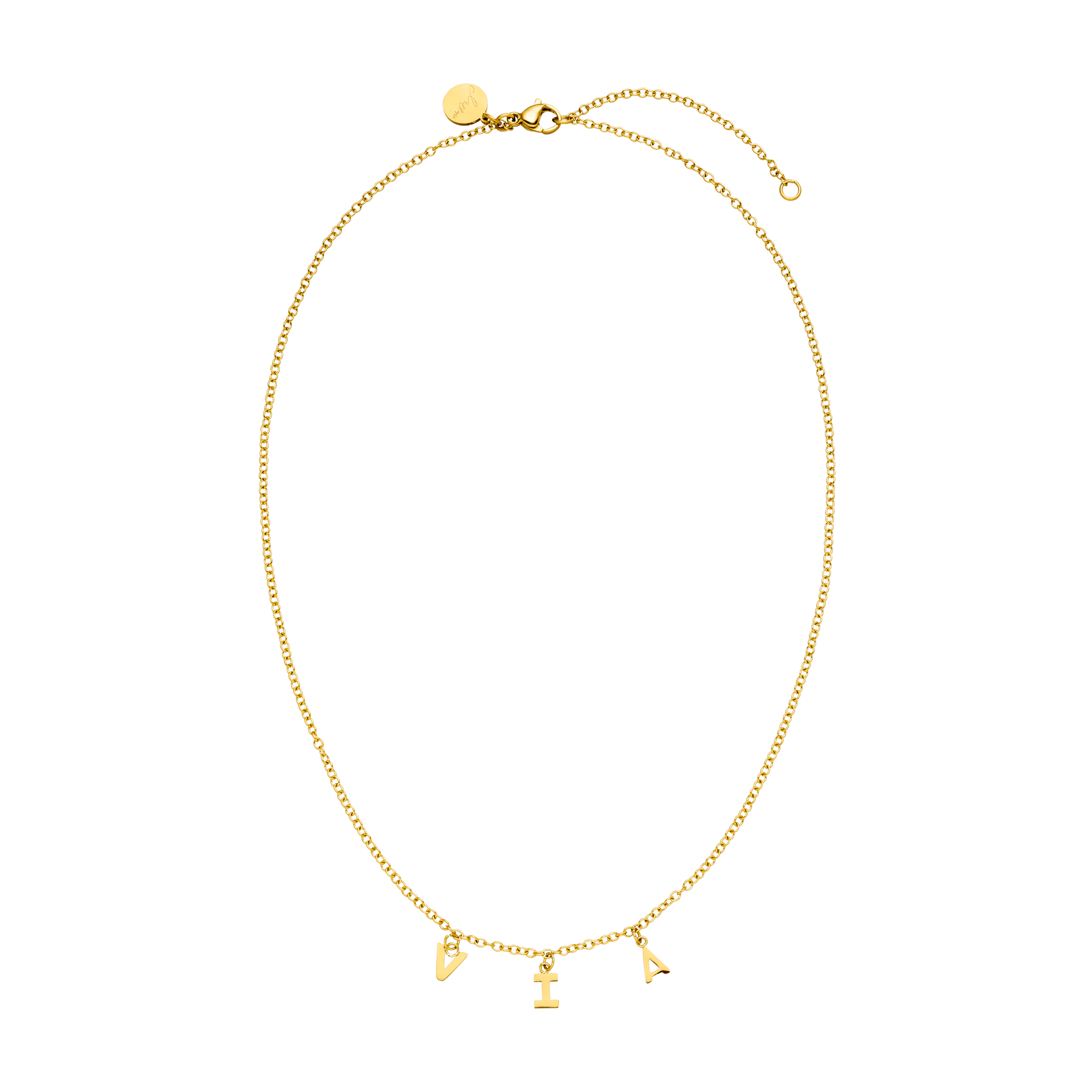 Goldene PURELEI Kette mit Buchstabenanhängern, elegant und modern.