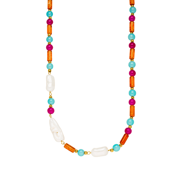 Bunte PURELEI Kette mit Muscheln, orangefarbenen und pinken Perlen, strahlt tropische Frische aus.